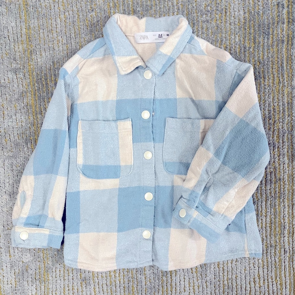 Zara Flannel Blue and Cream Gingham Button Down Shirt